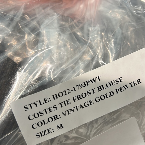 Le Superbe Vintage Gold Pewter Costes Tie Front Blouse medium new with tags med - Picture 10 of 11
